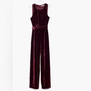 Madewell Burgundy Velvet Sleeveless Wide-Leg Tie Waist Jumpsuit 6 Holiday Chic